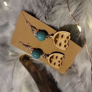 NWOT Handmade Taino Moon Goddess Drawing Hook Earrings Teal Ceramic Bead